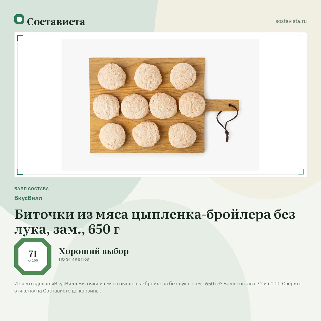 ВкусВилл Биточки из мяса цыпленка-бройлера без лука, зам., 650 г: балл состава 71 из 100 — Состависта