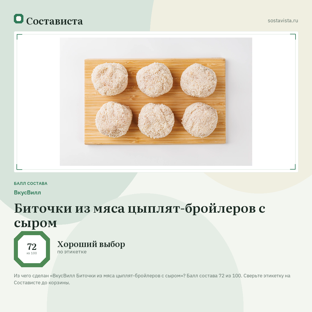 ВкусВилл Биточки из мяса цыплят-бройлеров с сыром: балл состава 72 из 100 — Состависта