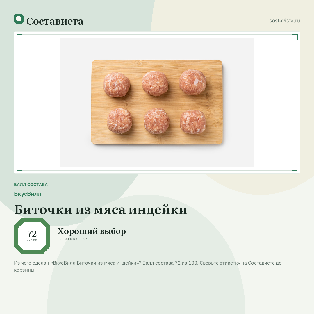 ВкусВилл Биточки из мяса индейки: балл состава 72 из 100 — Состависта