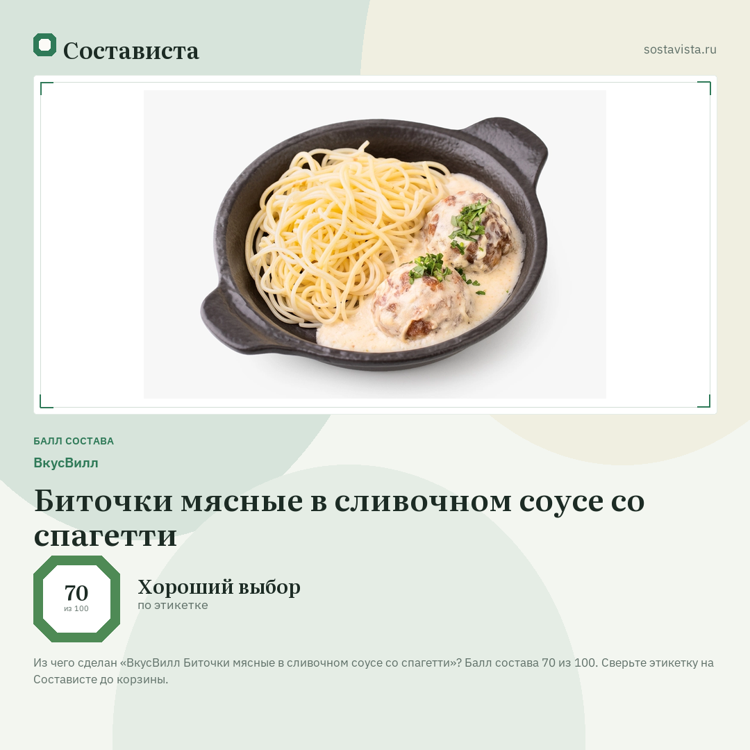 ВкусВилл Биточки мясные в сливочном соусе со спагетти: балл состава 70 из 100 — Состависта