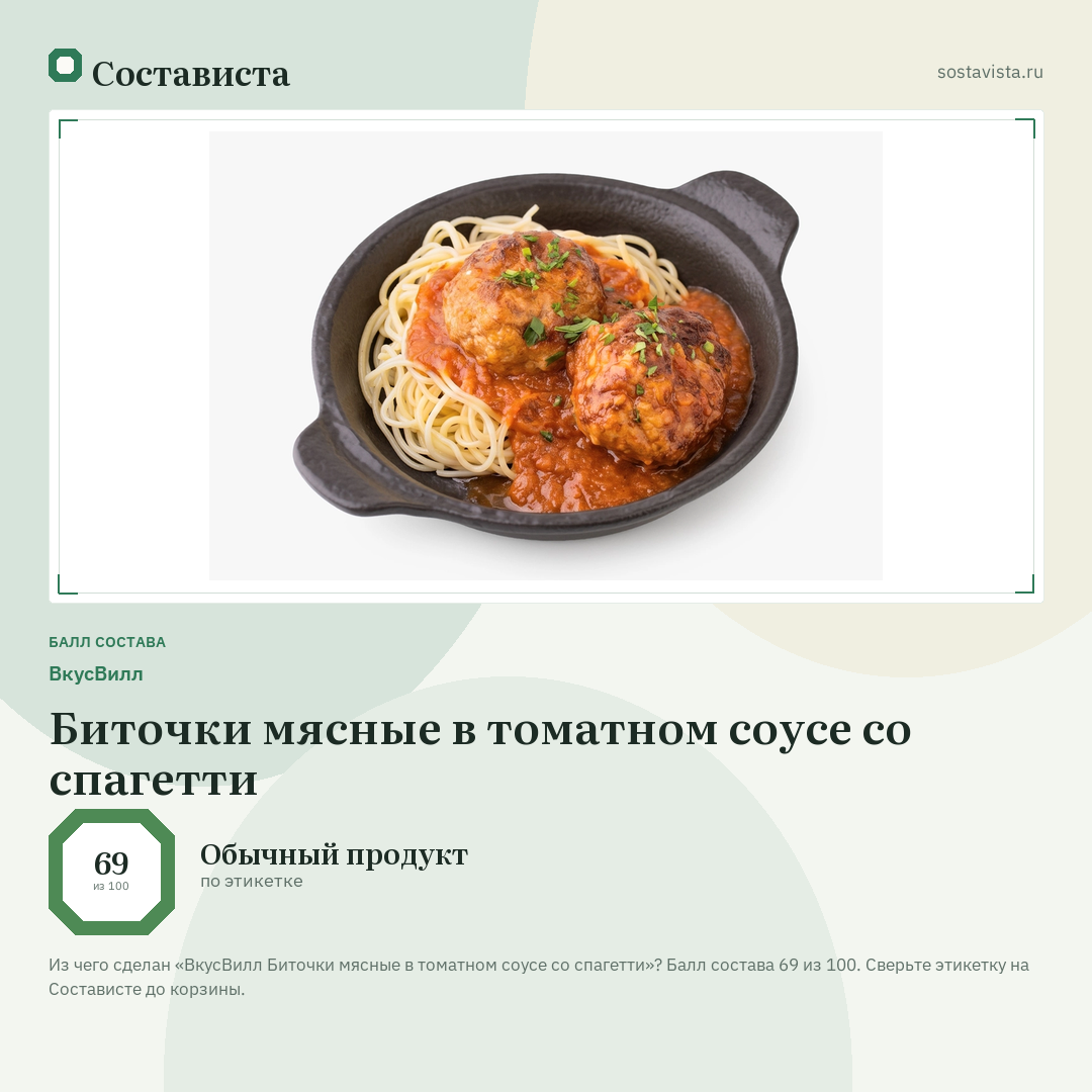 ВкусВилл Биточки мясные в томатном соусе со спагетти: балл состава 69 из 100 — Состависта