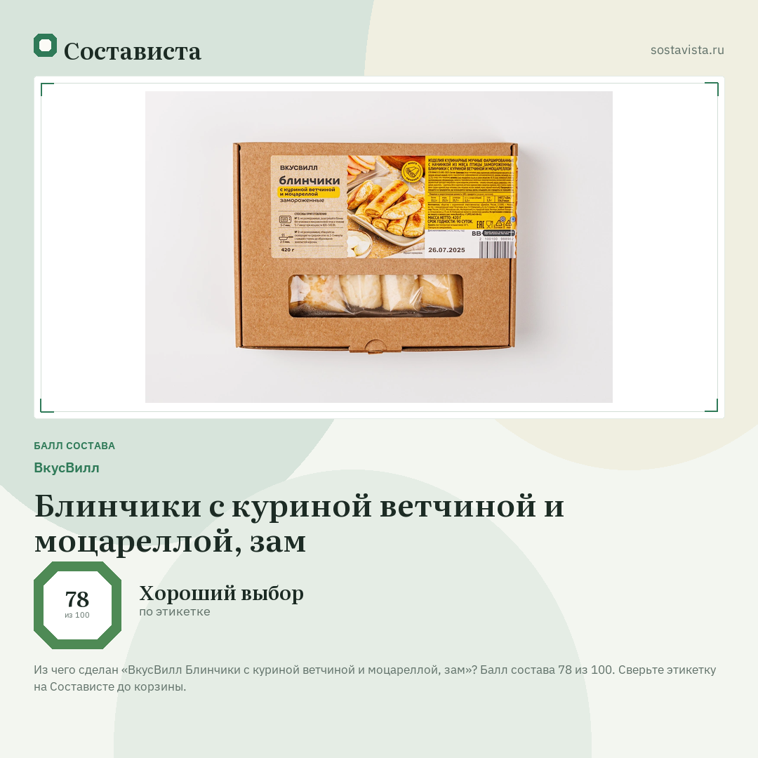 ВкусВилл Блинчики с куриной ветчиной и моцареллой, зам: балл состава 78 из 100 — Состависта