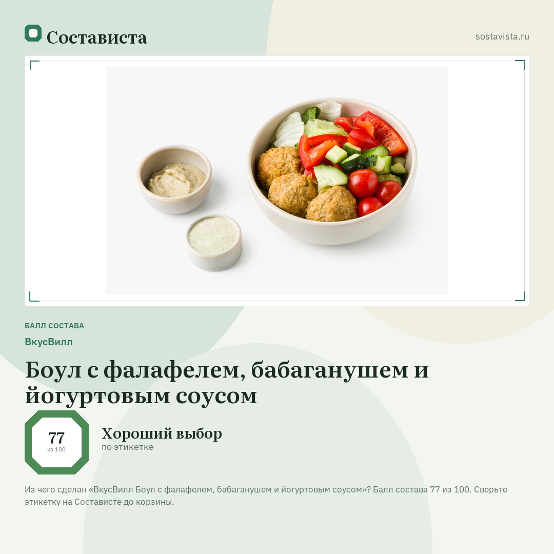 ВкусВилл Боул с фалафелем, бабаганушем и йогуртовым соусом: балл состава 77 из 100 — Состависта