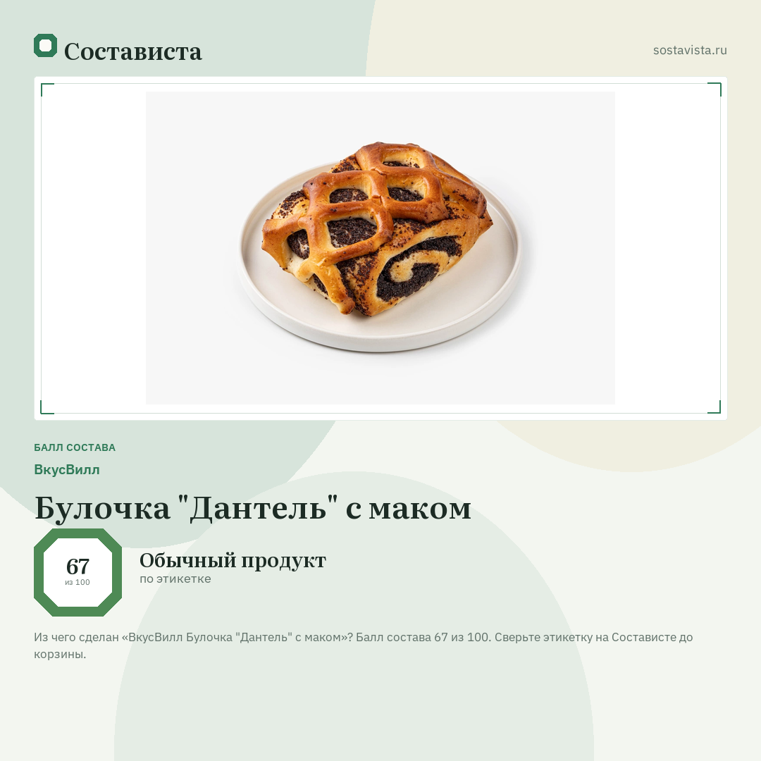 ВкусВилл Булочка "Дантель" с маком: балл состава 67 из 100 — Состависта