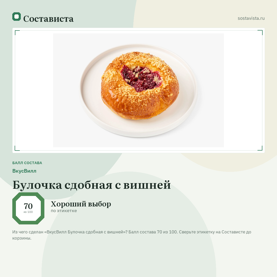 ВкусВилл Булочка сдобная с вишней: балл состава 70 из 100 — Состависта