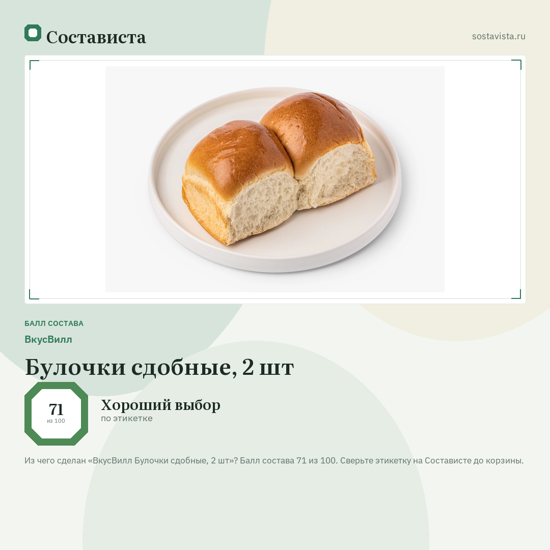ВкусВилл Булочки сдобные, 2 шт: балл состава 71 из 100 — Состависта