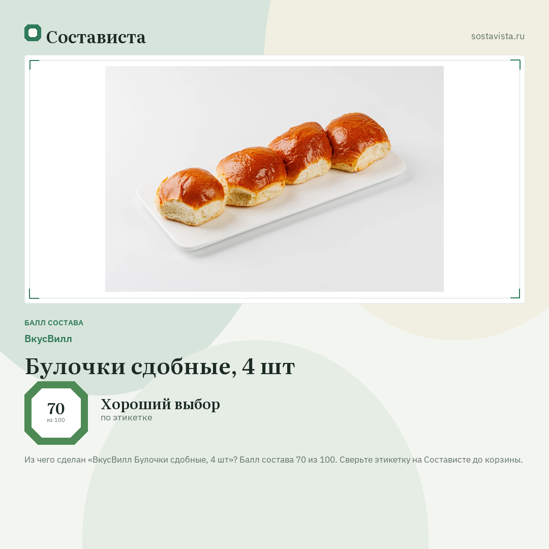 ВкусВилл Булочки сдобные, 4 шт: балл состава 70 из 100 — Состависта