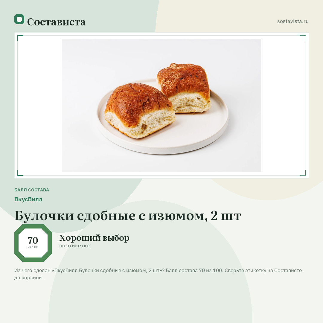 ВкусВилл Булочки сдобные с изюмом, 2 шт: балл состава 70 из 100 — Состависта