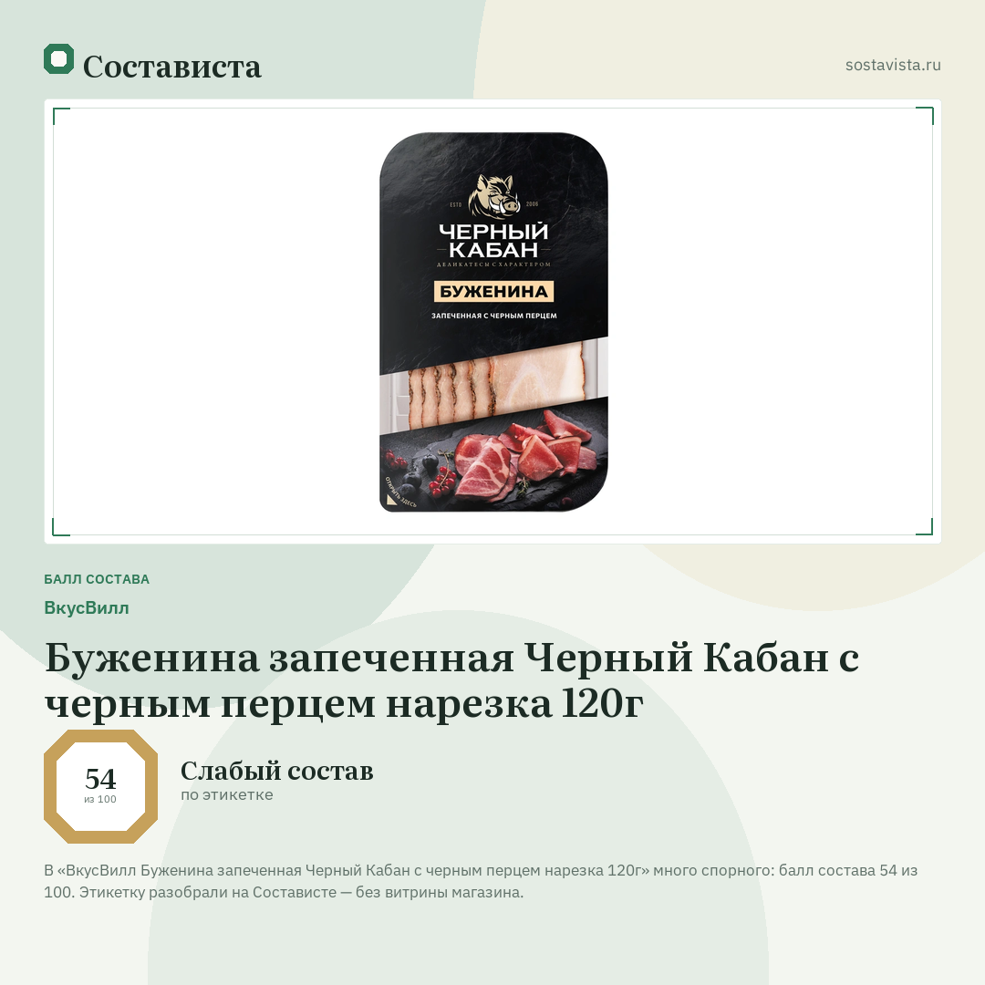 ВкусВилл Буженина запеченная Черный Кабан с черным перцем нарезка 120г: балл состава 54 из 100 — Состависта