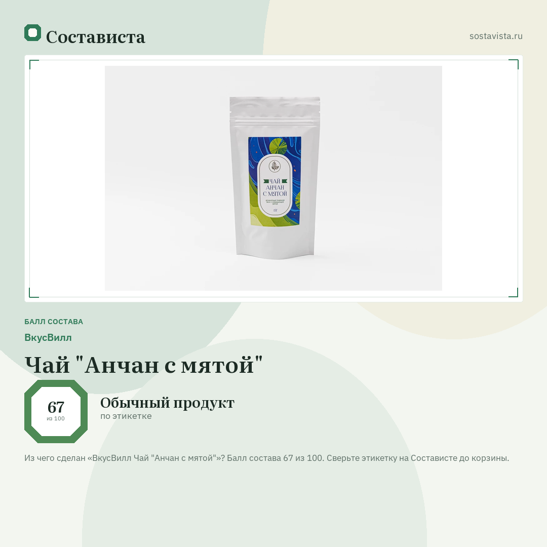 ВкусВилл Чай "Анчан с мятой": балл состава 67 из 100 — Состависта