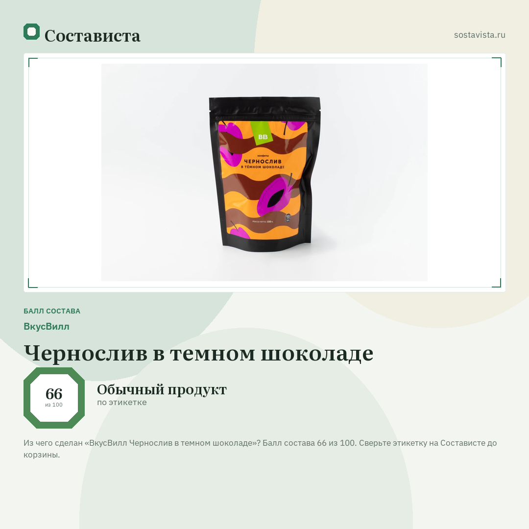 ВкусВилл Чернослив в темном шоколаде: балл состава 66 из 100 — Состависта