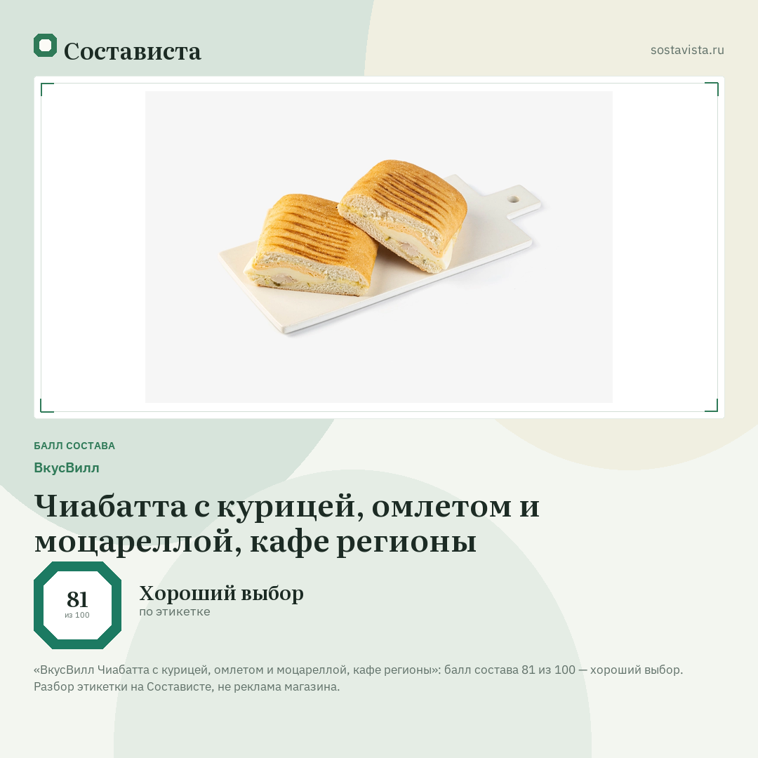 ВкусВилл Чиабатта с курицей, омлетом и моцареллой, кафе регионы: балл состава 81 из 100 — Состависта
