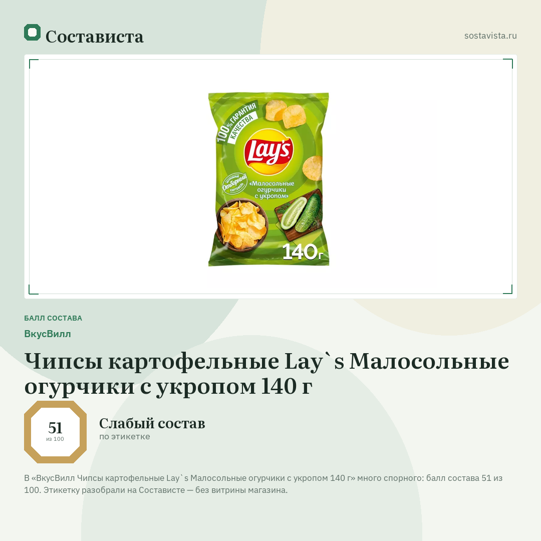 ВкусВилл Чипсы картофельные Lay`s Малосольные огурчики с укропом 140 г: балл состава 51 из 100 — Состависта