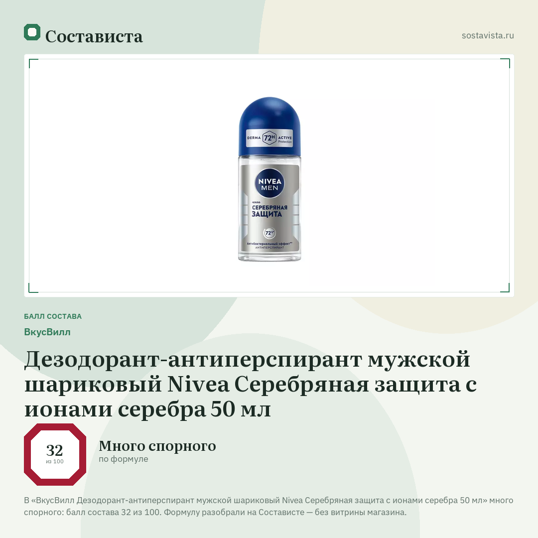 ВкусВилл Дезодорант-антиперспирант мужской шариковый Nivea Серебряная защита с ионами серебра 50 мл: балл состава 32 из 100 — Состависта