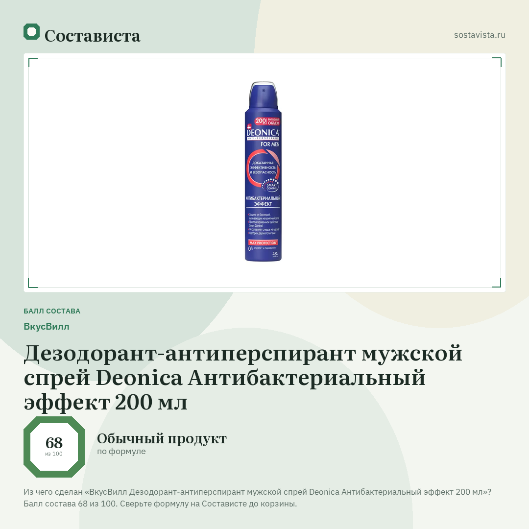 ВкусВилл Дезодорант-антиперспирант мужской спрей Deonica Антибактериальный эффект 200 мл: балл состава 68 из 100 — Состависта