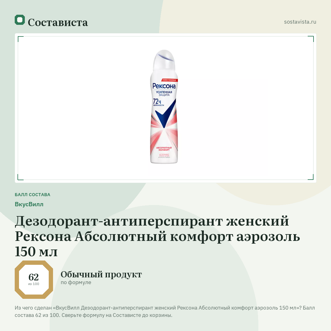 ВкусВилл Дезодорант-антиперспирант женский Рексона Абсолютный комфорт аэрозоль 150 мл: балл состава 62 из 100 — Состависта