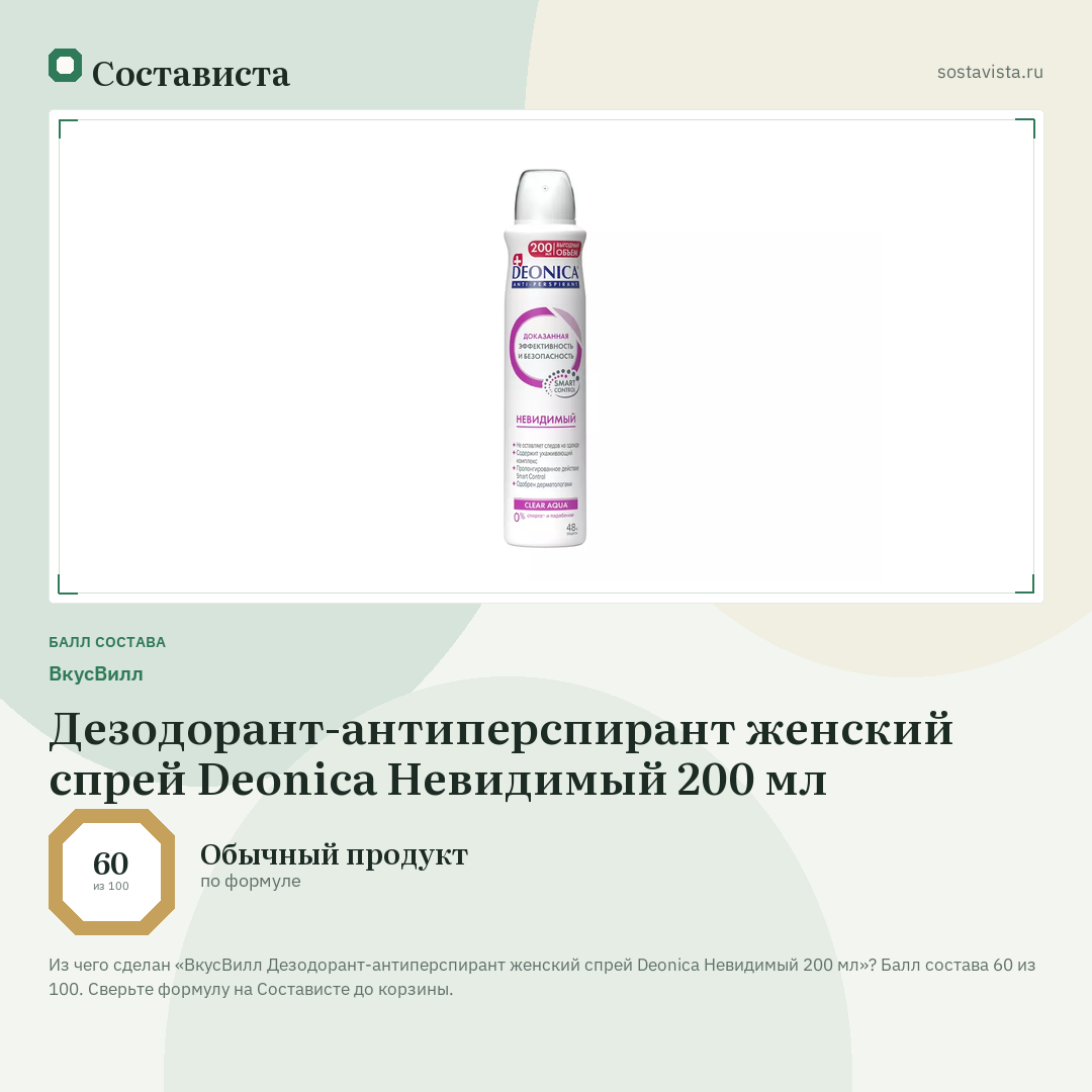 ВкусВилл Дезодорант-антиперспирант женский спрей Deonica Невидимый 200 мл: балл состава 60 из 100 — Состависта