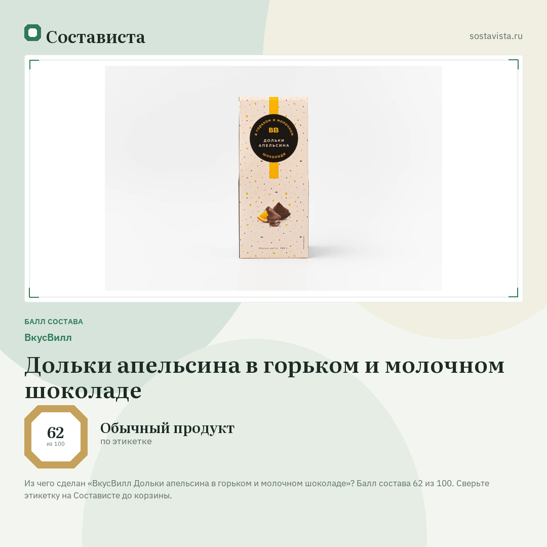 ВкусВилл Дольки апельсина в горьком и молочном шоколаде: балл состава 62 из 100 — Состависта