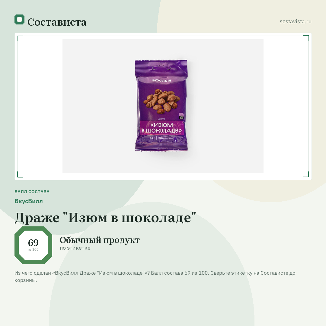 ВкусВилл Драже "Изюм в шоколаде": балл состава 69 из 100 — Состависта