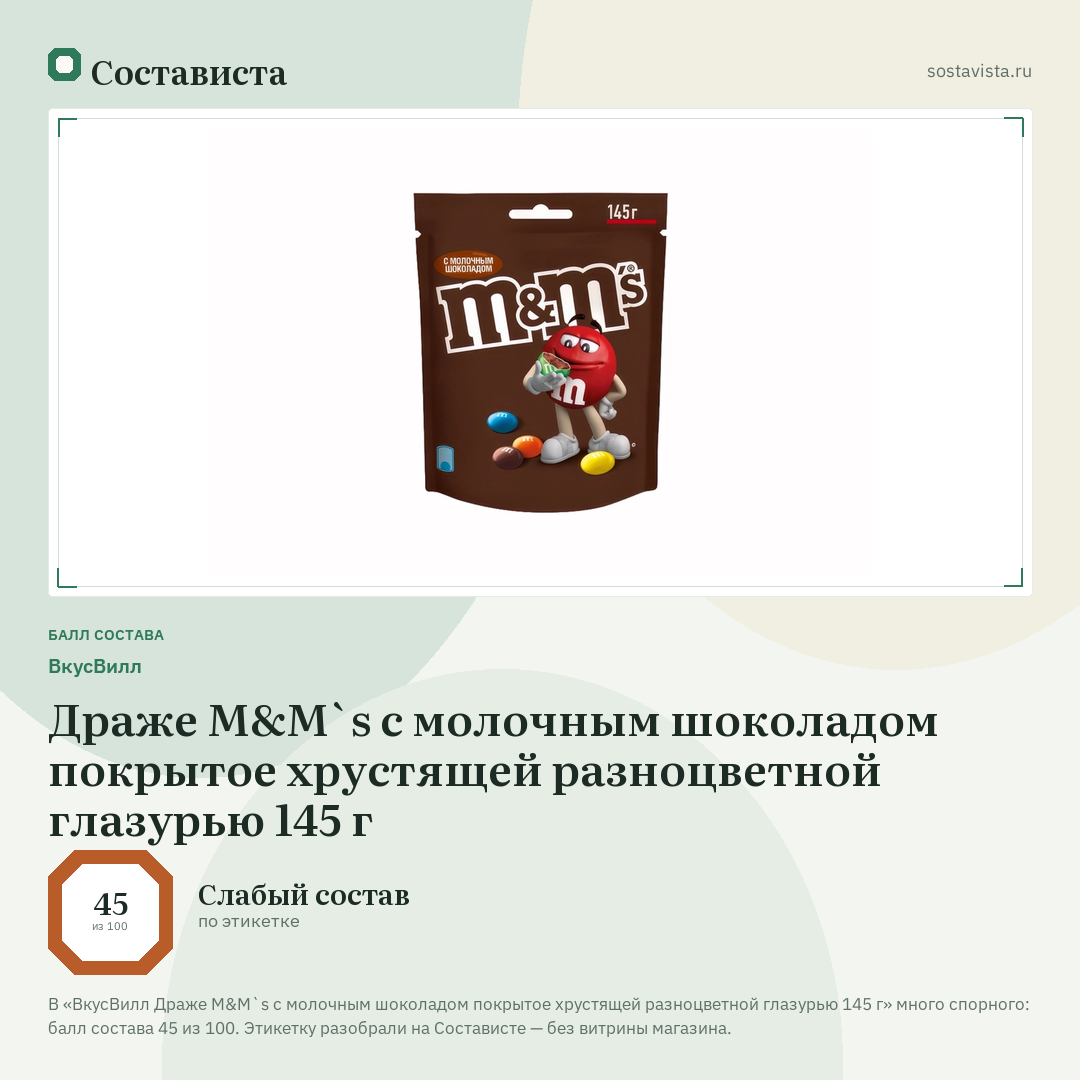 ВкусВилл Драже M&M`s с молочным шоколадом покрытое хрустящей разноцветной глазурью 145 г: балл состава 45 из 100 — Состависта