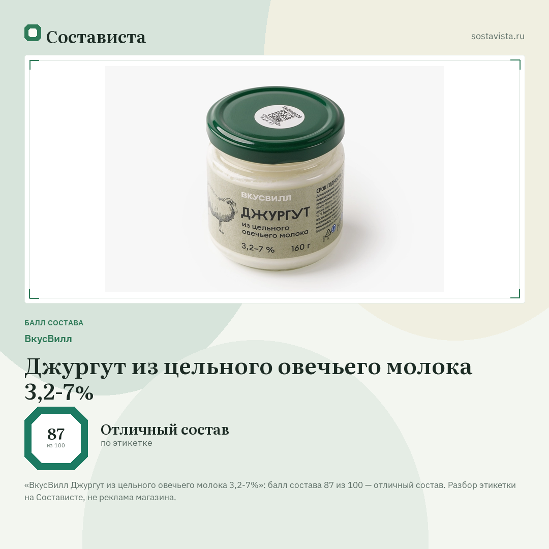ВкусВилл Джургут из цельного овечьего молока 3,2-7%: балл состава 87 из 100 — Состависта