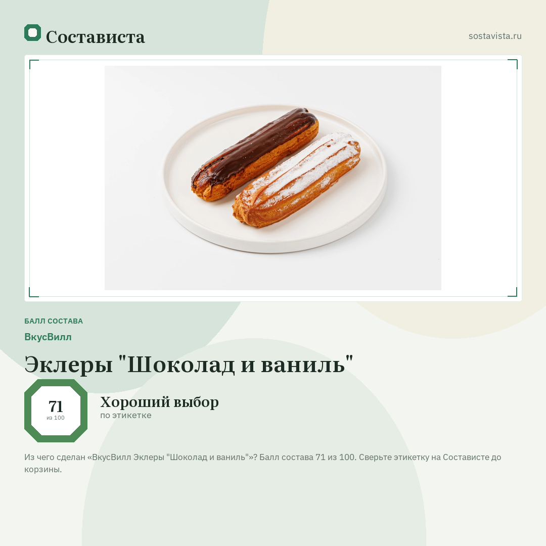 ВкусВилл Эклеры "Шоколад и ваниль": балл состава 71 из 100 — Состависта