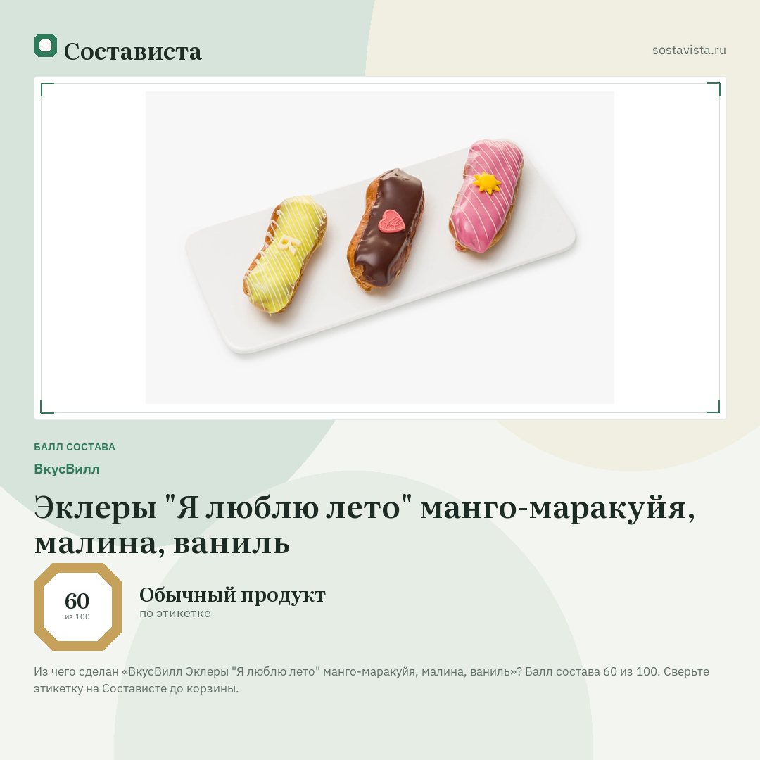 ВкусВилл Эклеры "Я люблю лето" манго-маракуйя, малина, ваниль: балл состава 60 из 100 — Состависта