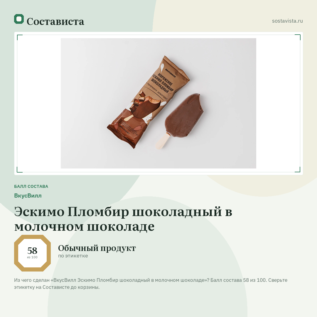 ВкусВилл Эскимо Пломбир шоколадный в молочном шоколаде: балл состава 58 из 100 — Состависта
