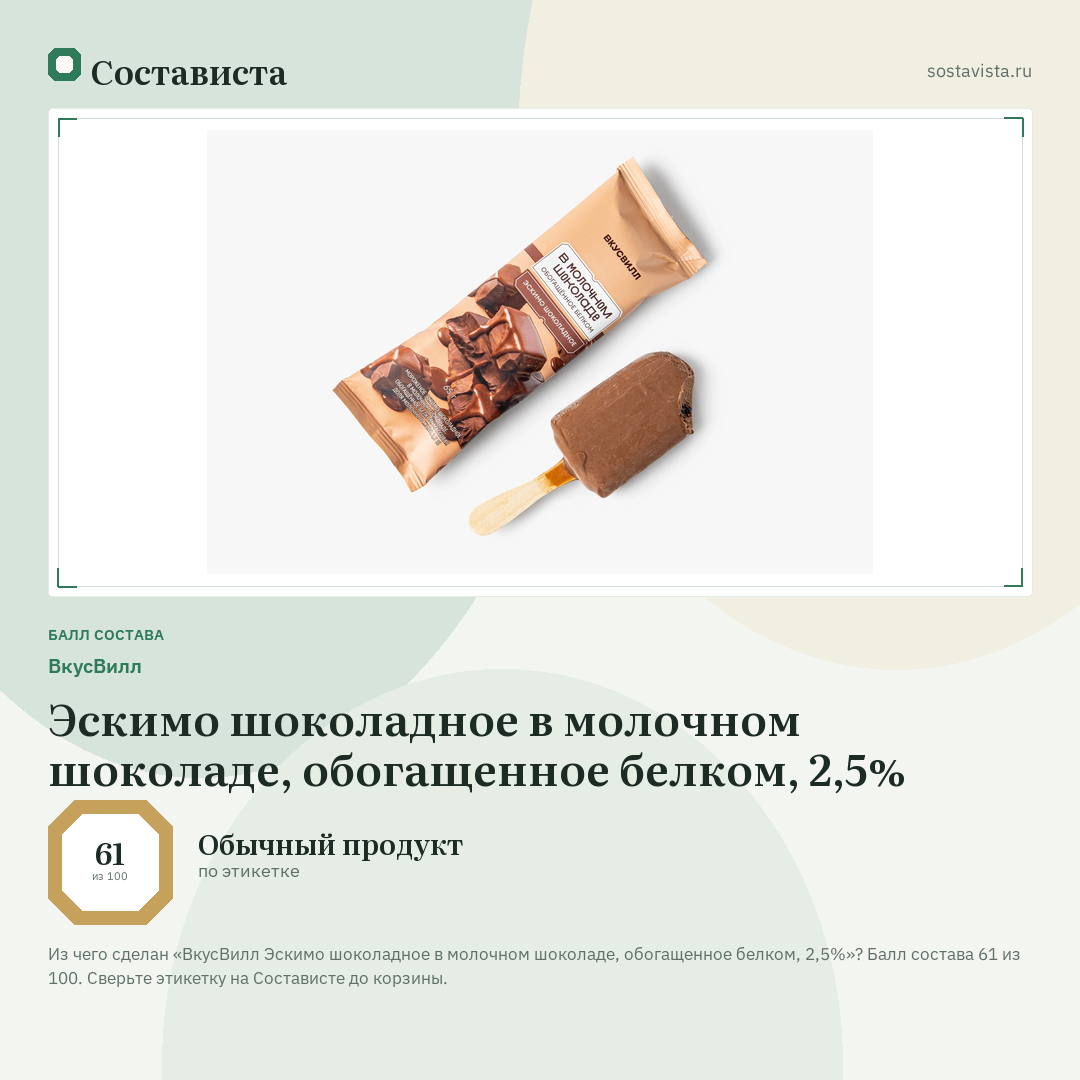 ВкусВилл Эскимо шоколадное в молочном шоколаде, обогащенное белком, 2,5%: балл состава 61 из 100 — Состависта