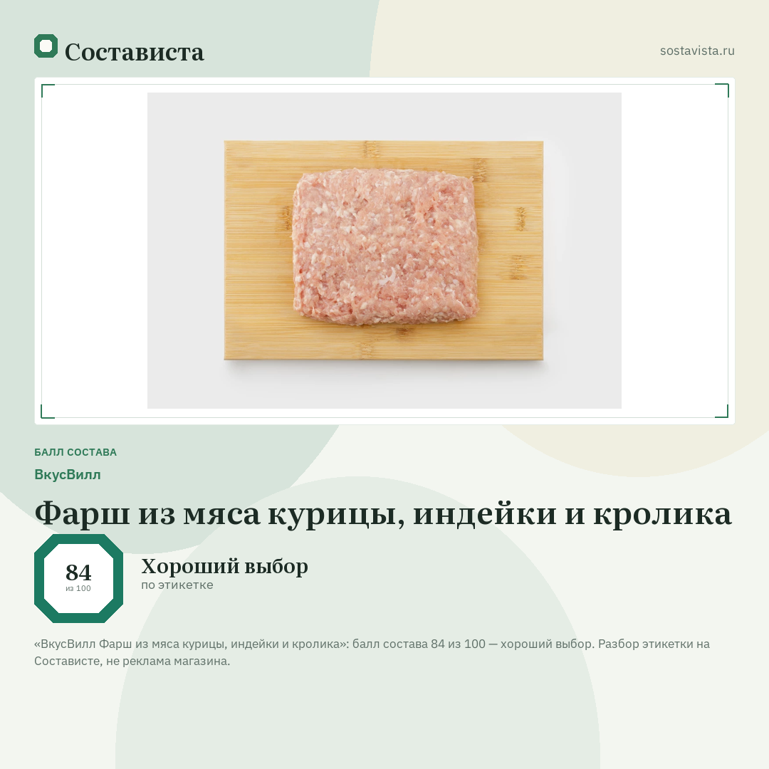 ВкусВилл Фарш из мяса курицы, индейки и кролика: балл состава 84 из 100 — Состависта
