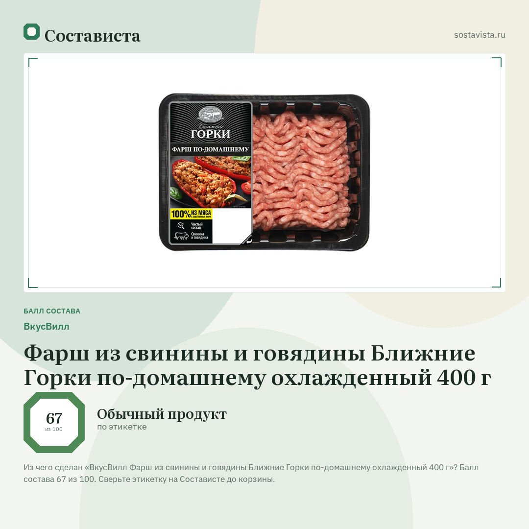 ВкусВилл Фарш из свинины и говядины Ближние Горки по-домашнему охлажденный 400 г: балл состава 67 из 100 — Состависта