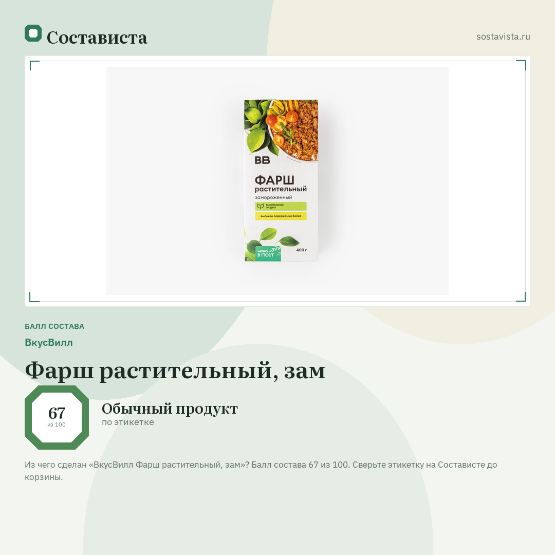 ВкусВилл Фарш растительный, зам: балл состава 67 из 100 — Состависта