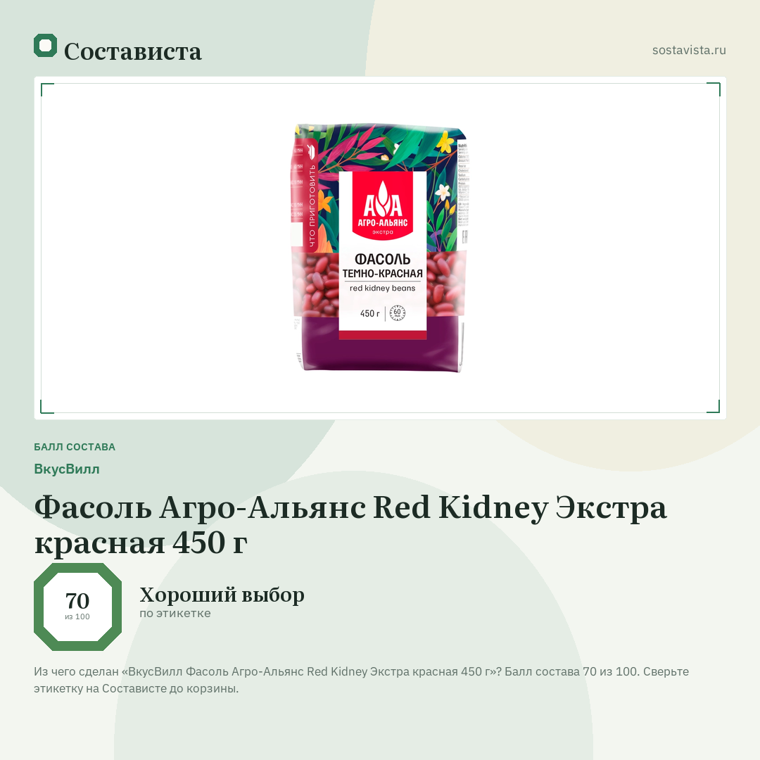 ВкусВилл Фасоль Агро-Альянс Red Kidney Экстра красная 450 г: балл состава 70 из 100 — Состависта