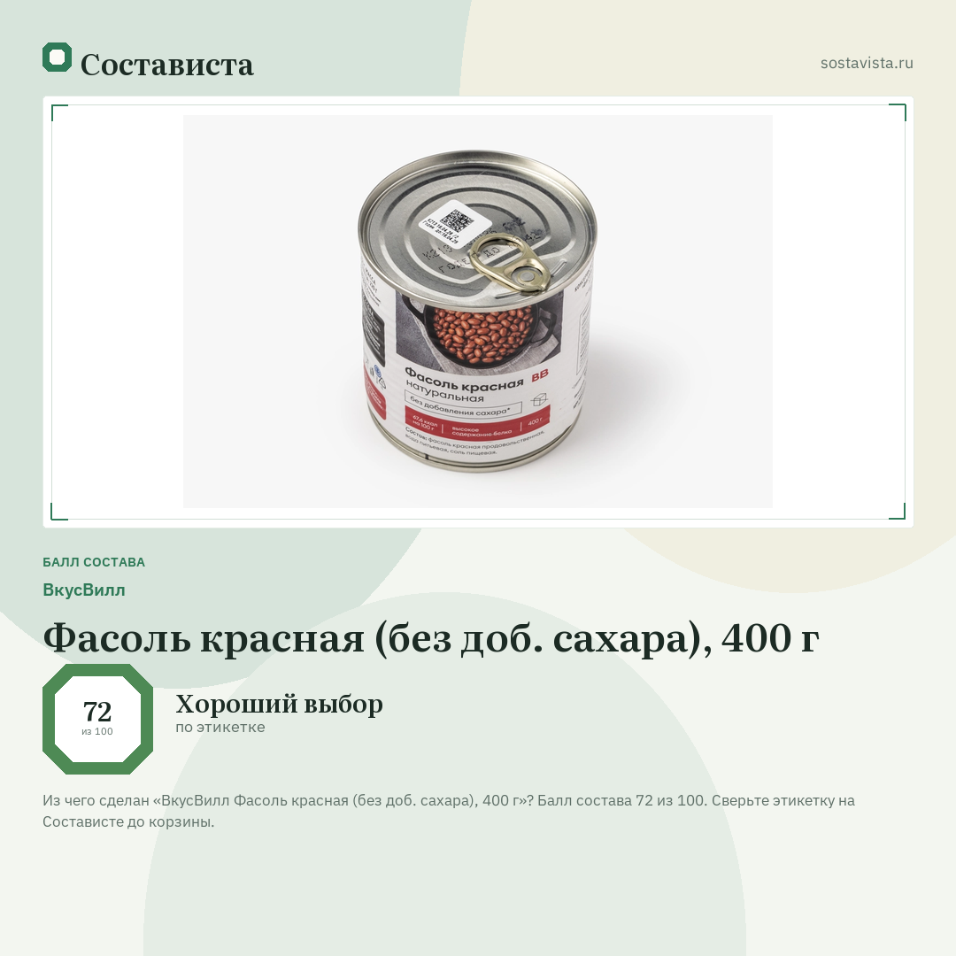 ВкусВилл Фасоль красная (без доб. сахара), 400 г: балл состава 72 из 100 — Состависта