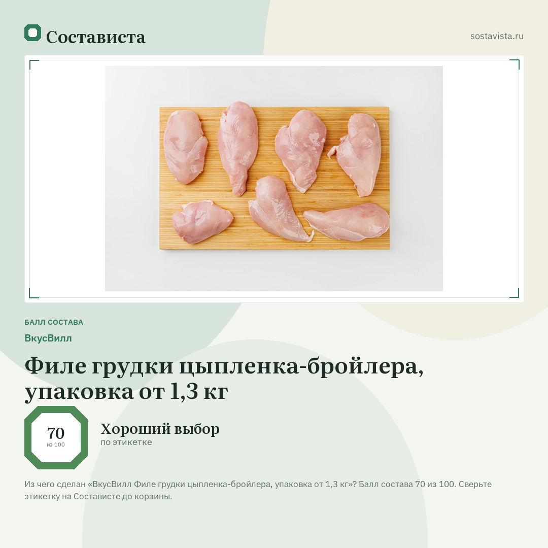 ВкусВилл Филе грудки цыпленка-бройлера, упаковка от 1,3 кг: балл состава 70 из 100 — Состависта