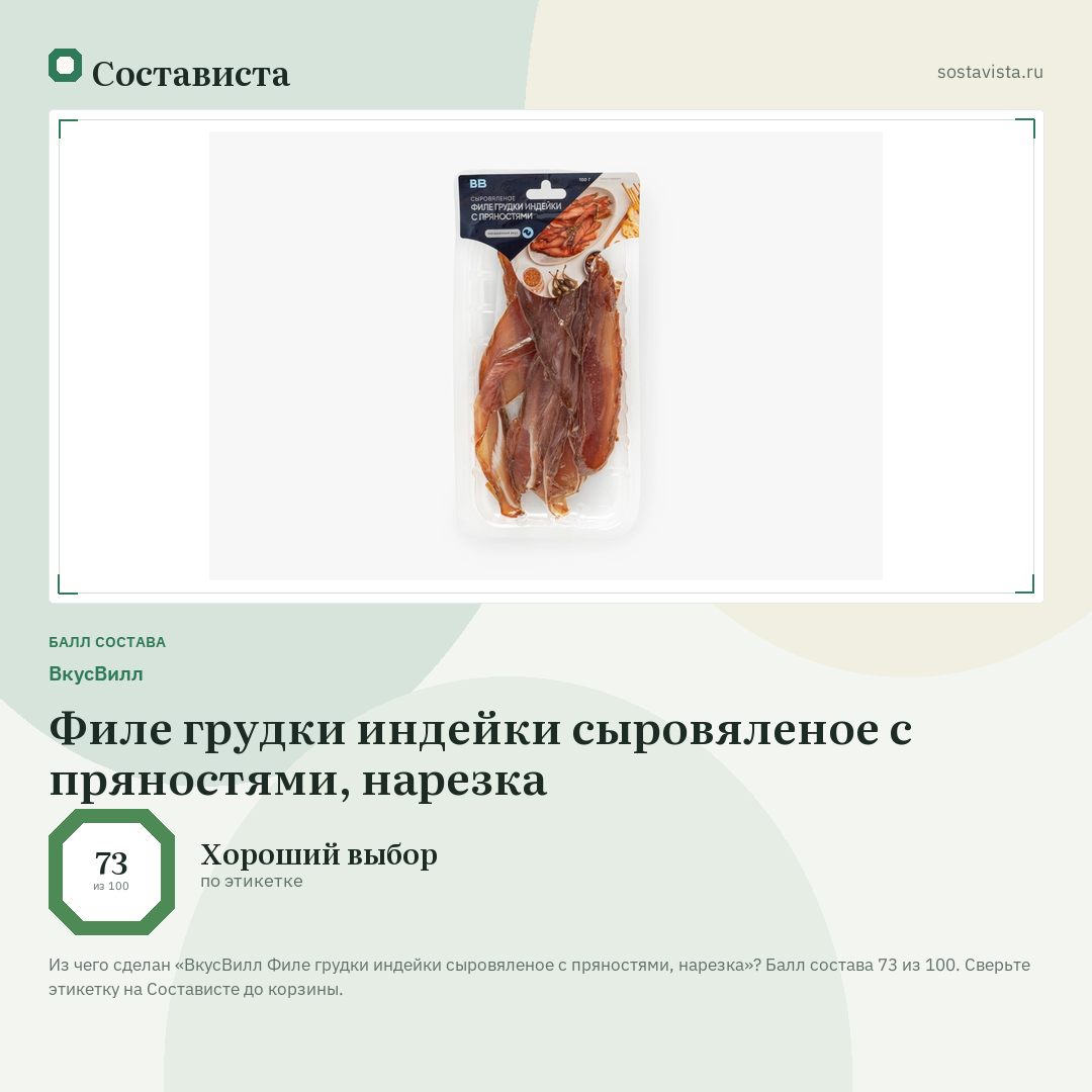 ВкусВилл Филе грудки индейки сыровяленое с пряностями, нарезка: балл состава 73 из 100 — Состависта