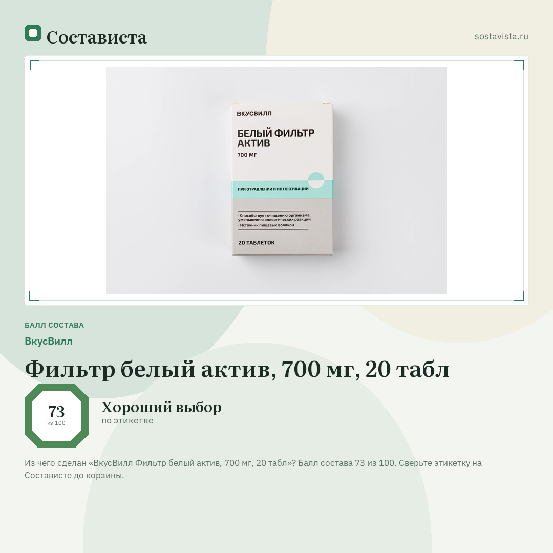 ВкусВилл Фильтр белый актив, 700 мг, 20 табл: балл состава 73 из 100 — Состависта