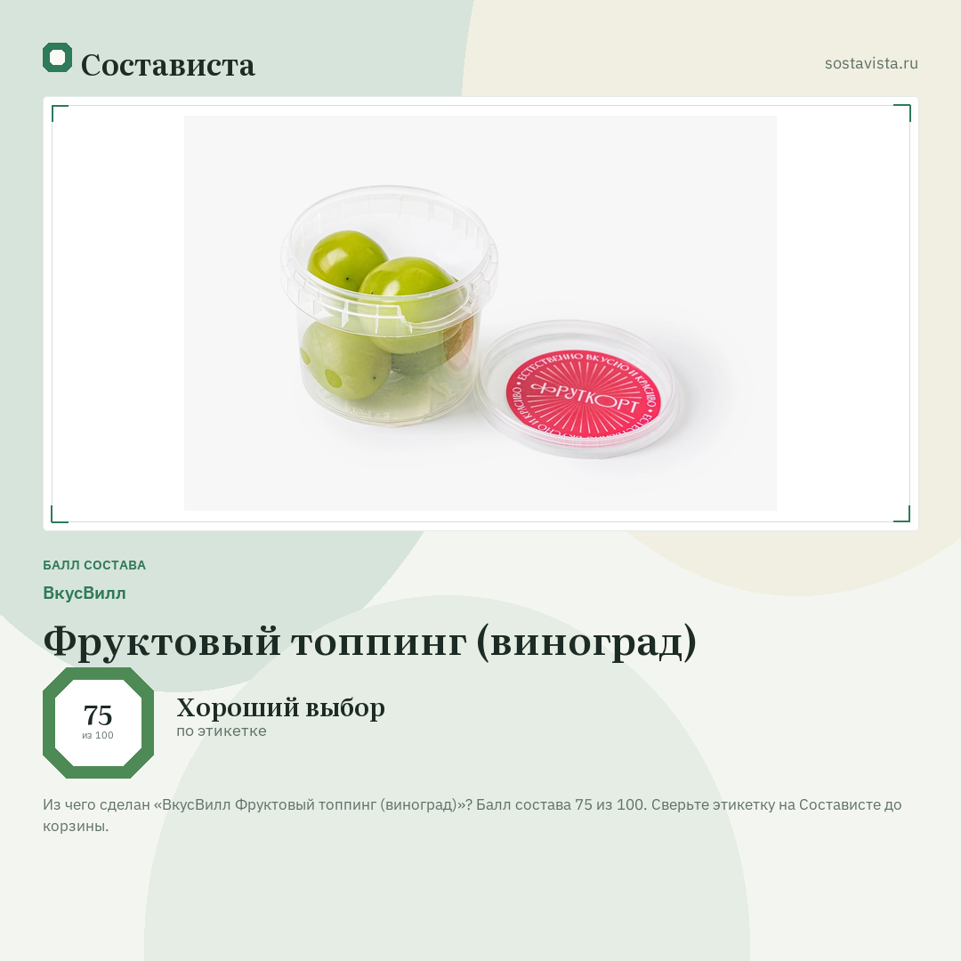 ВкусВилл Фруктовый топпинг (виноград): балл состава 75 из 100 — Состависта