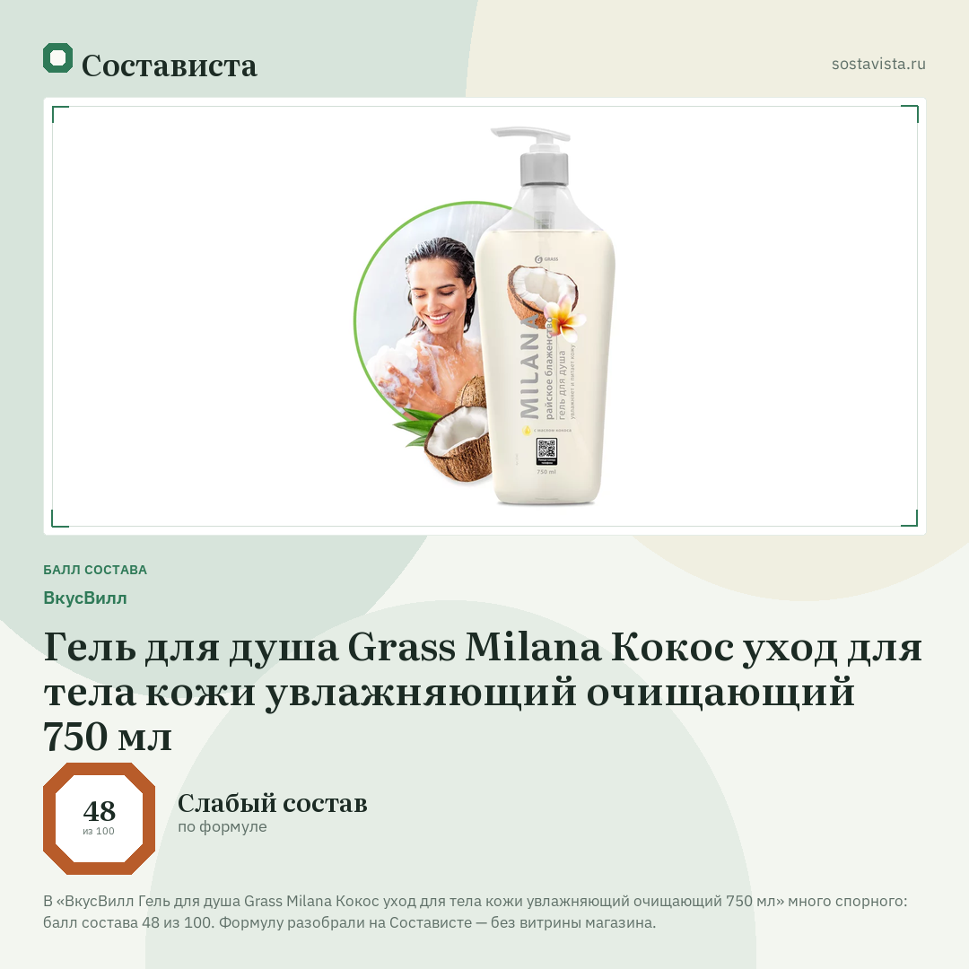 ВкусВилл Гель для душа Grass Milana Кокос уход для тела кожи увлажняющий очищающий 750 мл: балл состава 48 из 100 — Состависта