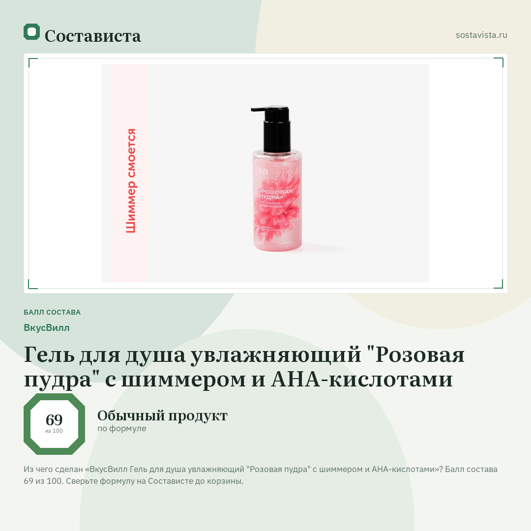 ВкусВилл Гель для душа увлажняющий "Розовая пудра" с шиммером и AHA-кислотами: балл состава 69 из 100 — Состависта