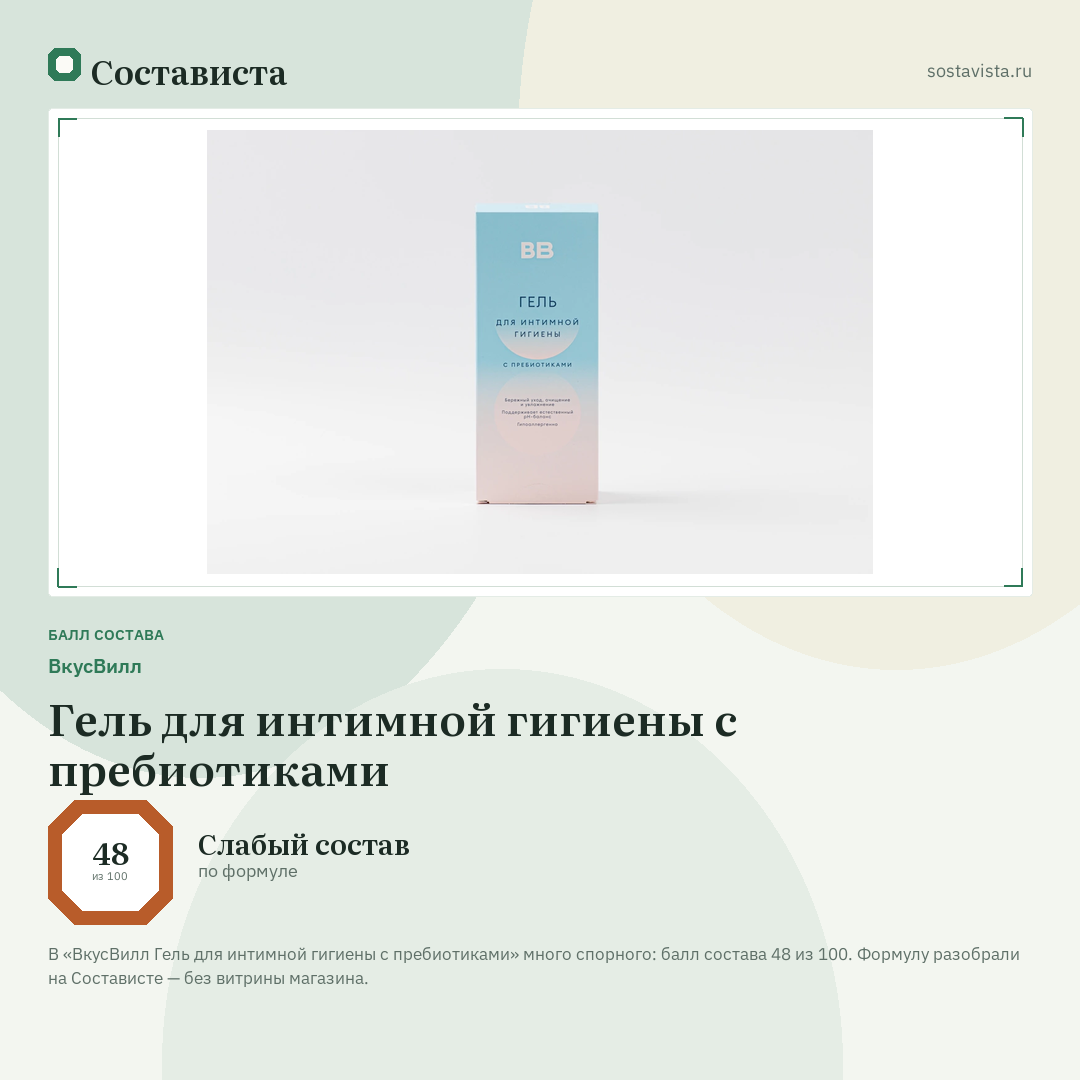 ВкусВилл Гель для интимной гигиены с пребиотиками: балл состава 48 из 100 — Состависта