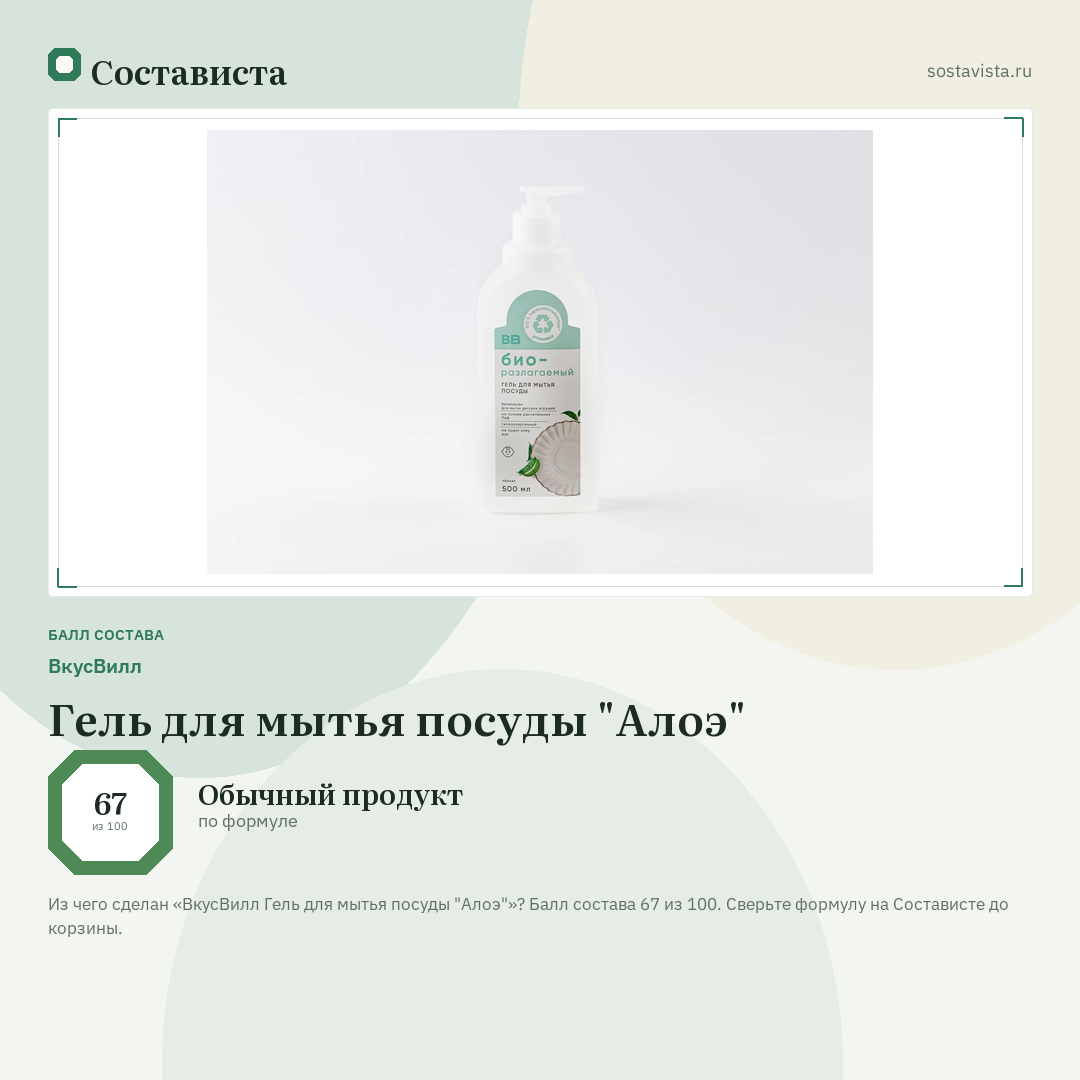ВкусВилл Гель для мытья посуды "Алоэ": балл состава 67 из 100 — Состависта