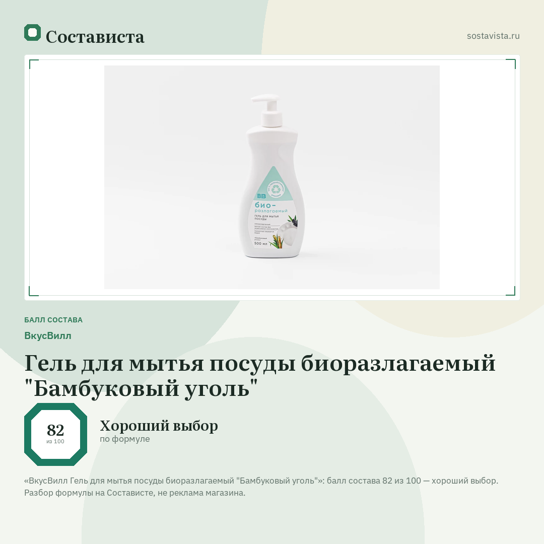 ВкусВилл Гель для мытья посуды биоразлагаемый "Бамбуковый уголь": балл состава 82 из 100 — Состависта