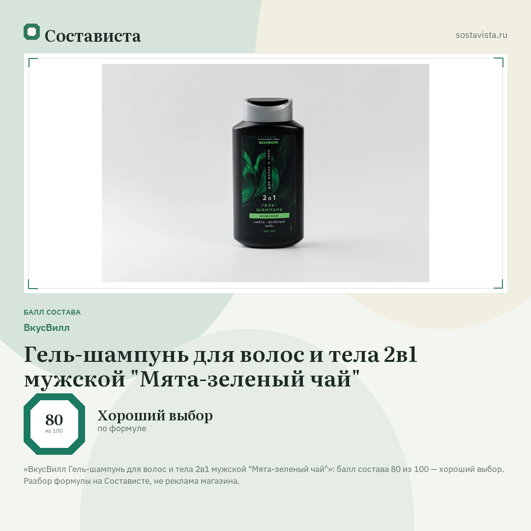 ВкусВилл Гель-шампунь для волос и тела 2в1 мужской "Мята-зеленый чай": балл состава 80 из 100 — Состависта