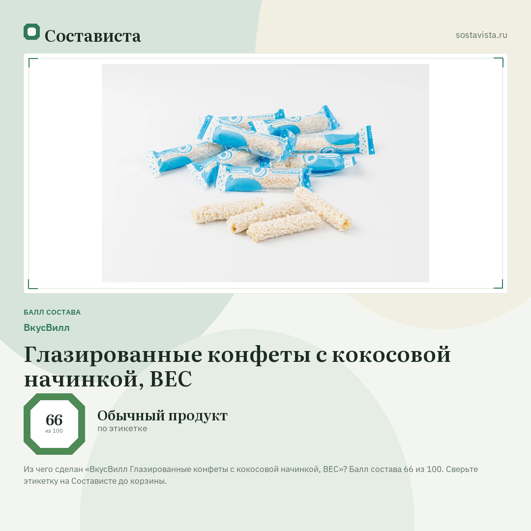 ВкусВилл Глазированные конфеты с кокосовой начинкой, ВЕС: балл состава 66 из 100 — Состависта