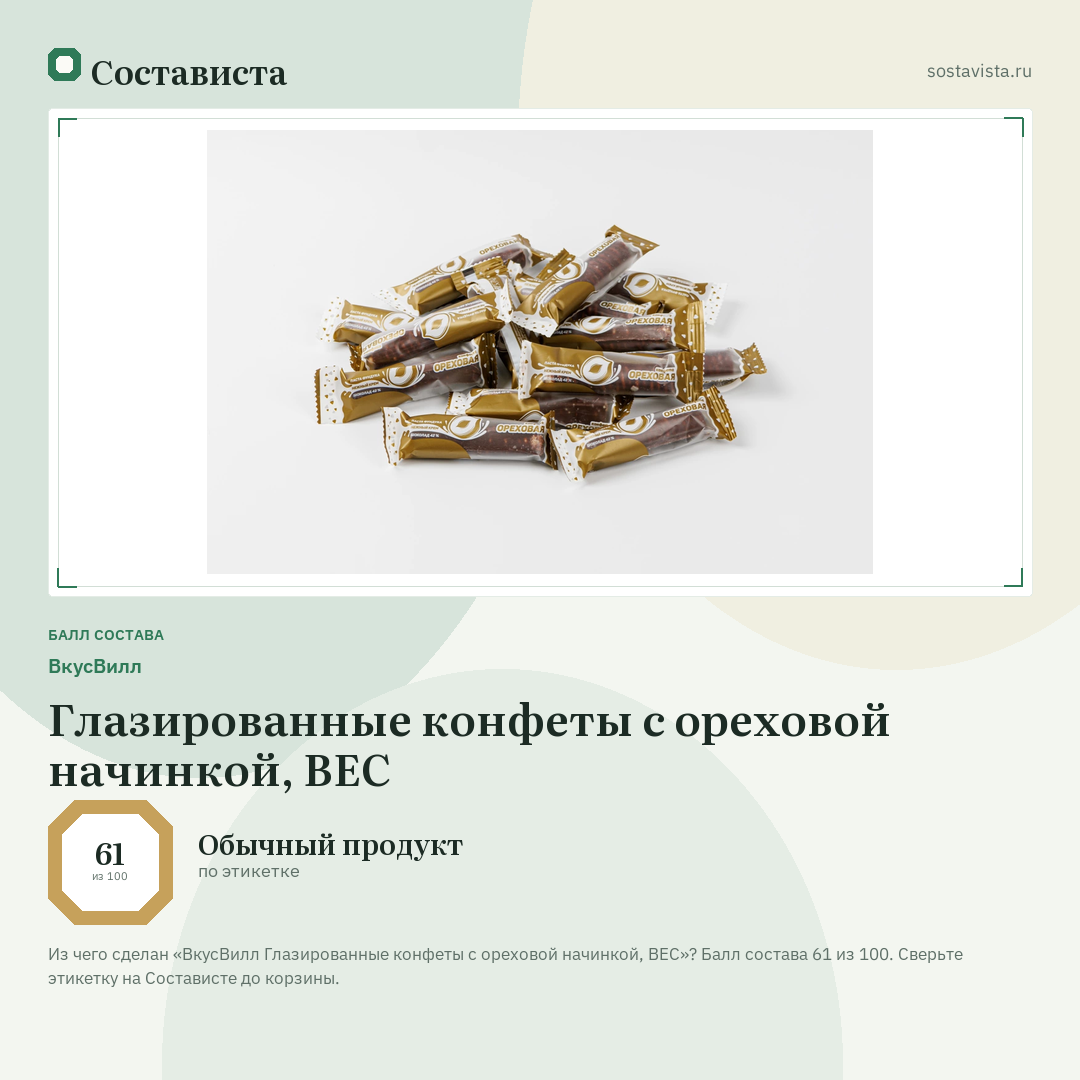 ВкусВилл Глазированные конфеты с ореховой начинкой, ВЕС: балл состава 61 из 100 — Состависта