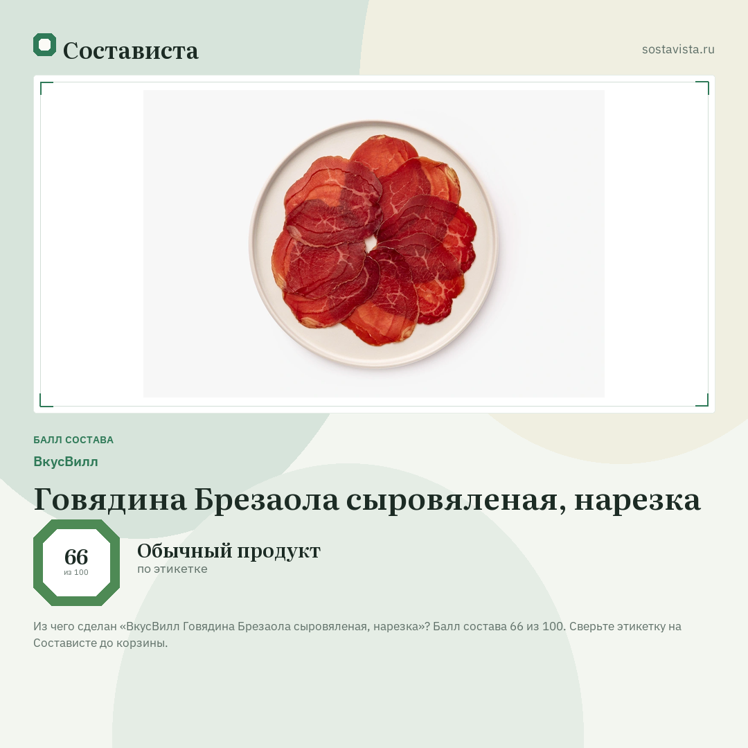 ВкусВилл Говядина Брезаола сыровяленая, нарезка: балл состава 66 из 100 — Состависта