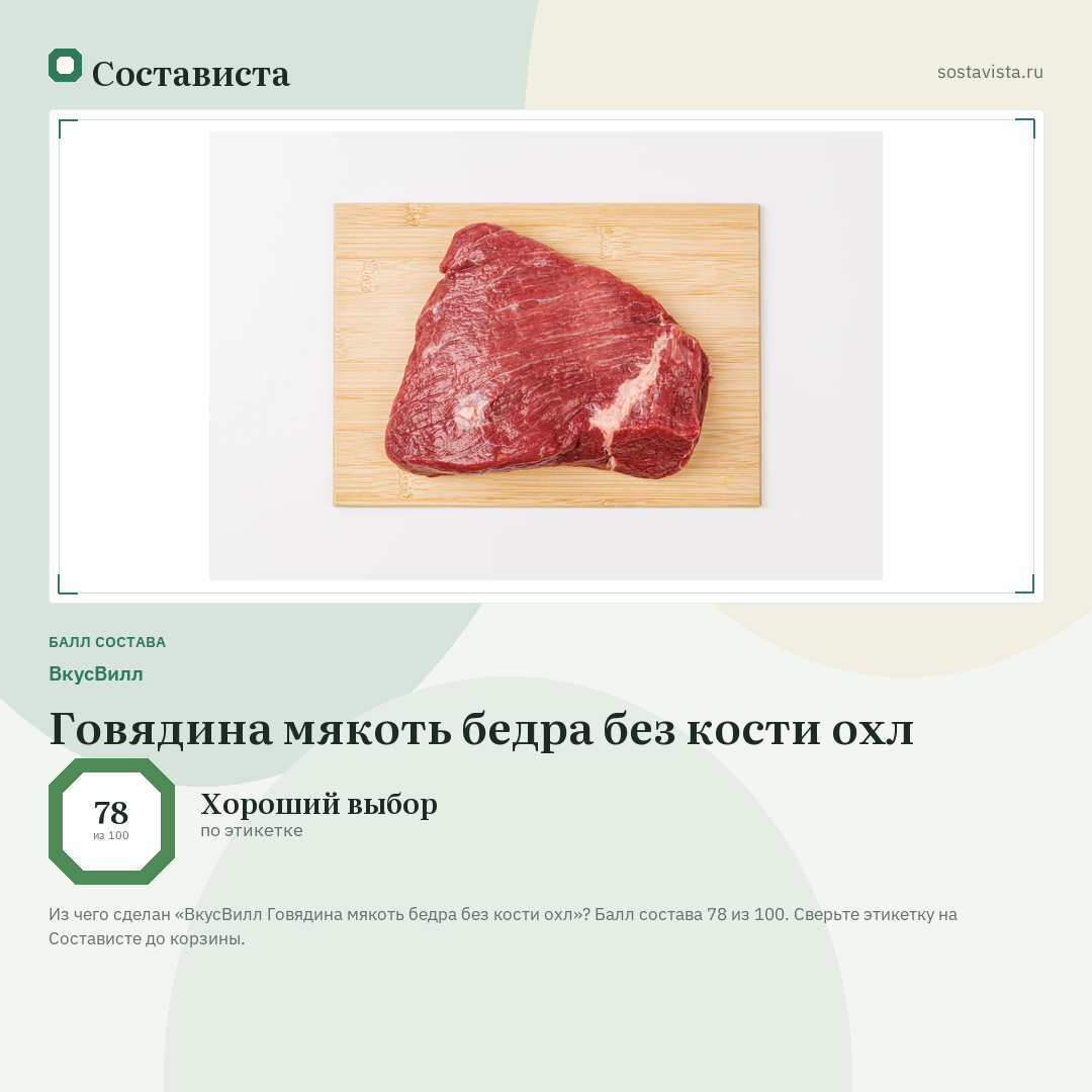 ВкусВилл Говядина мякоть бедра без кости охл: балл состава 78 из 100 — Состависта