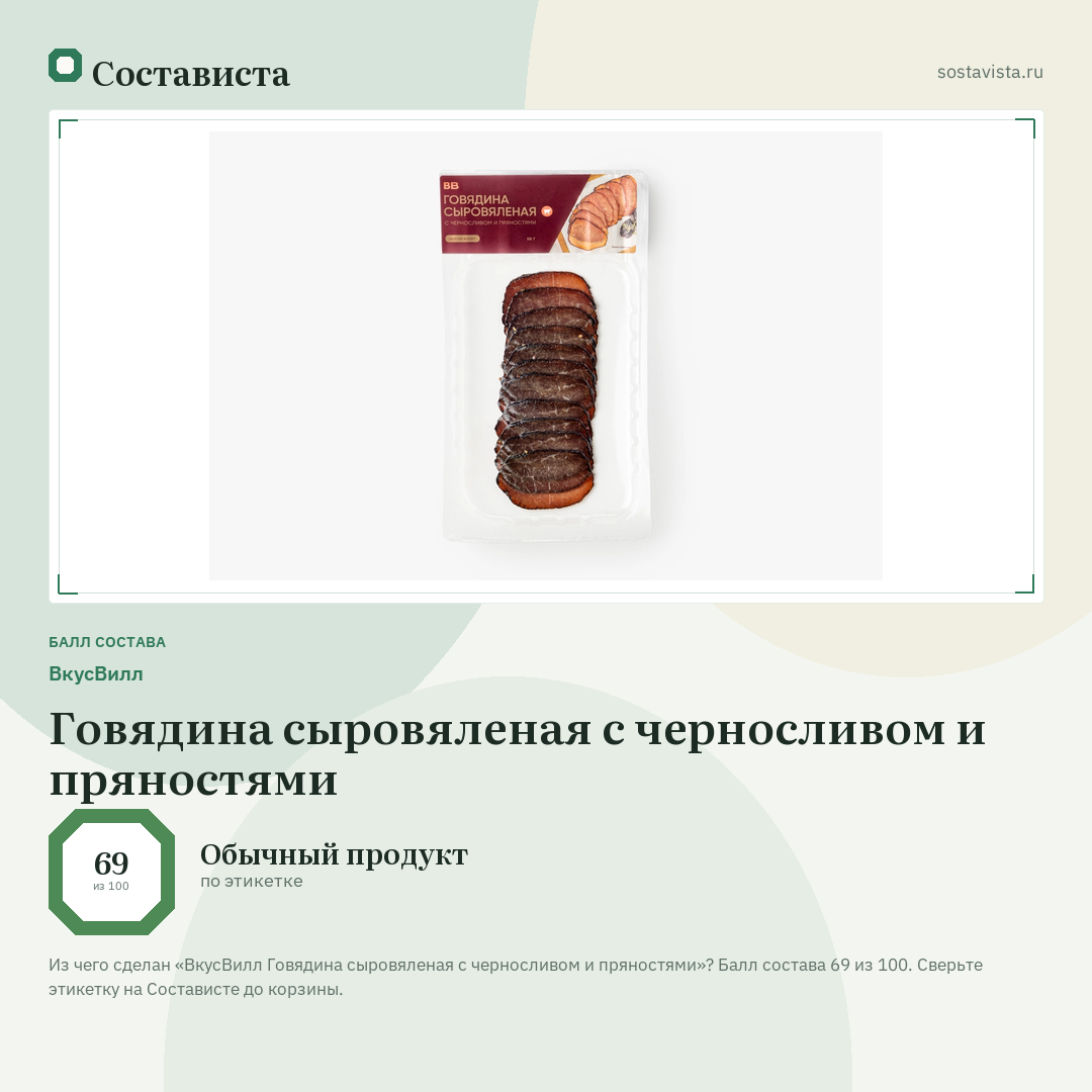 ВкусВилл Говядина сыровяленая с черносливом и пряностями: балл состава 69 из 100 — Состависта