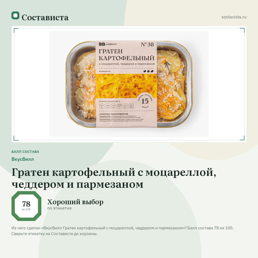 ВкусВилл Гратен картофельный с моцареллой, чеддером и пармезаном: балл состава 78 из 100 — Состависта